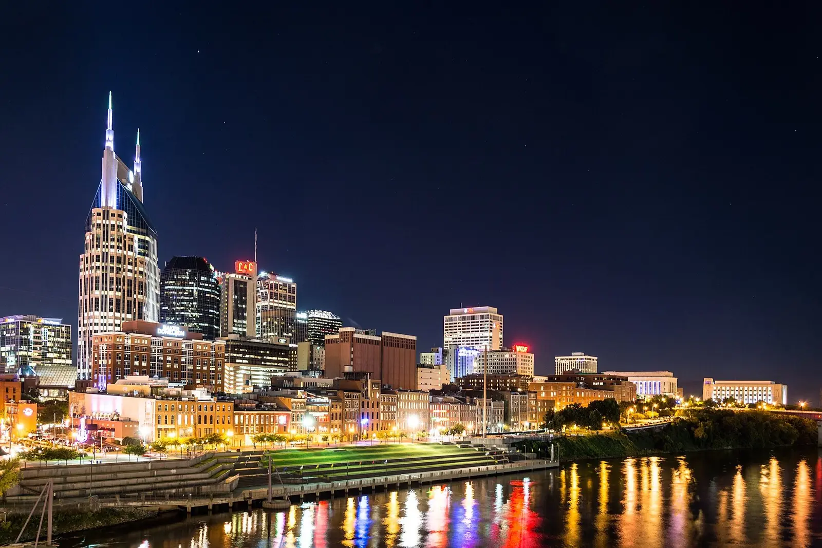 Nashville skyline at night over the Cumberland River